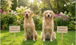 Dwa psy, labrador i golden retriever, siedzą na trawie w ogrodzie. Jeden to labrador krótkowłosy, drugi to labrador długowłosy.