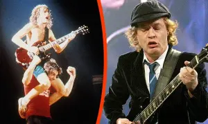 AC/DC na żywo: jeden z członków zespołu gra na gitarze, siedząc na ramionach drugiego. Obok, Angus Young w czapce i marynarce, grając na gitarze. To są ich największe przeboje.