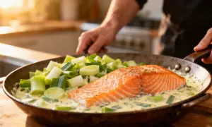 Un pavé de saumon cuit dans une sauce crémeuse avec des poireaux coupés. Une recette fondue de poireaux simple et savoureuse.
