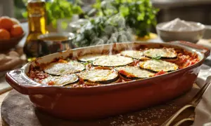 Un plat fumant d'aubergine parmigiana, avec des couches d'aubergines grillées, de sauce tomate et de fromage, prêt à être dégusté.