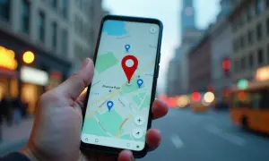 Dłoń trzyma smartfon z mapą i czerwoną pinezką. Dowiedz się, jak wysłać pinezkę, aby udostępnić lokalizację.
