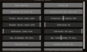 Ustawienia czatu w Minecraft. Aby wyłączyć narratora, znajdź opcję "Narrator: Wył." i kliknij ją.