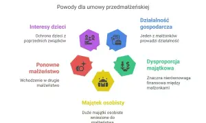 Powody dla umowy przedmałżeńskiej: interesy dzieci, ponowne małżeństwo, majątek osobisty, dysproporcja majątkowa, działalność gospodarcza. Intercyza chroni majątek.