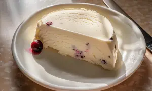 En bit krämig semifreddo med bär på en vit tallrik, redo att avnjutas. Ett perfekt semifreddo recept.
