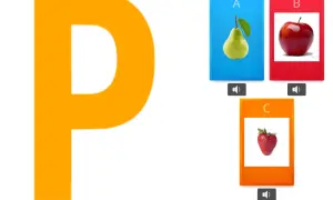 Letra P gigante junto a tarjetas con una pera (A), manzana (B) y fresa (C). Un juego para aprender con p.