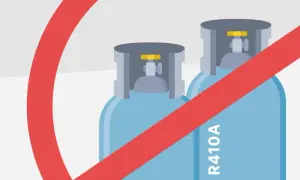 Verbotsschild über zwei blauen Gasflaschen mit der Aufschrift "R410A".