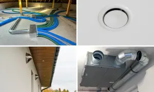 Instalacja rekuperacji: przewody wentylacyjne w poddaszu, kratka nawiewna, czerpnia i wyrzutnia powietrza, centrala wentylacyjna.