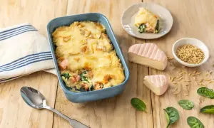 Un plat gratiné de saumon et épinards, parfait pour un repas du soir familial rapide. Accompagné de fromage et de pâtes orzo.