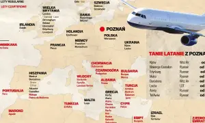 Mapa Europy z samolotem i miastami, pokazująca, ile się leci do Turcji i innych krajów z Poznania.