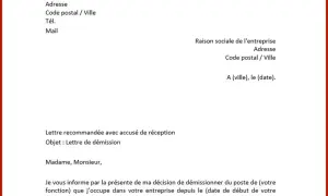 Exemple de lettre de démission. Ce document officiel, envoyé en recommandé, annonce la décision de quitter son poste.