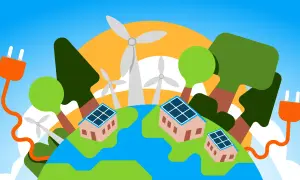 Ilustracja przedstawia Ziemię z domkami, panelami słonecznymi, wiatrakami i wtyczkami elektrycznymi.