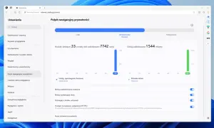 Pulpit nawigacyjny prywatności w Samsung Internet Browser pokazuje statystyki blokowania modułów śledzących i reklam.