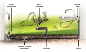 Schemat pokazuje system podlewania kropelkowego z podłączeniem do kranu, rurami pod ziemią i zraszaniem roślin.