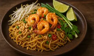 Pyszne Pad Thai z krewetkami, posypane orzeszkami ziemnymi i chilli. Idealny sos do pad thai podkreśla smak tego dania.