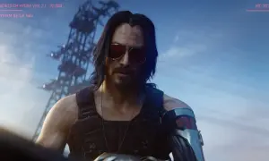Johnny Silverhand, aktor w okularach przeciwsłonecznych i z cybernetycznym ramieniem, patrzy w obiektyw.