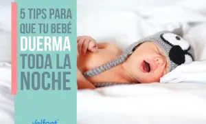 Bebé con gorro de búho, texto "5 tips para que tu bebé duerma toda la noche".