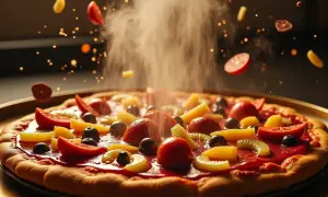 Słodka pizza z owocami i polewą, z unoszącymi się w powietrzu składnikami i parą.