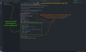 Exemple de `npm init` : le terminal pose des questions pour créer `package.json`. Les réponses sont affichées, puis le contenu final du fichier.