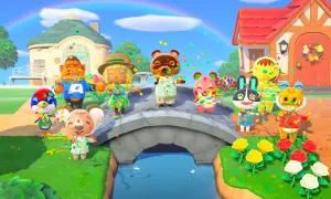 Urocza scena z gry Animal Crossing na PC. Zwierzątka świętują na moście, sypiąc konfetti.