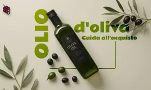 Bottiglia di olio evo con olive e rami d'ulivo. Guida all'acquisto.