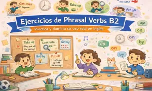 Niños aprendiendo phrasal verbs en inglés. Ejercicios de "take up", "look into", "get by", "put off" y más.