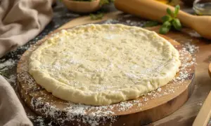Pâte à pizza levure fraîche prête à être garnie, saupoudrée de farine sur une planche en bois.