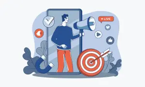 Un uomo con megafono su smartphone, magnete, bersaglio e icone social. Illustra l'employer branding cos'è: attrarre talenti con una strategia mirata.