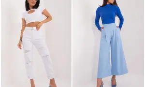 Dwie kobiety prezentują luźny, elegancki styl damski. Jedna w białym crop topie i podartych jeansach, druga w niebieskim golfie i szerokich, błękitnych spodniach.
