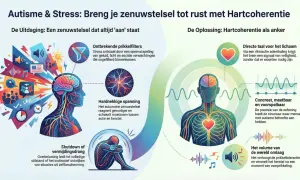 Illustratie toont de uitdagingen van overprikkeling bij autisme bij vrouwen, met een focus op stress en het zenuwstelsel. De oplossing is hartcoherentie.
