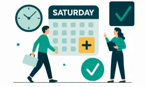 Czy sobota to dzień roboczy? Zegar, kalendarz z napisem SATURDAY i ludzie planujący zadania.