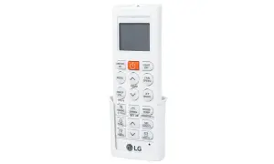 Biały pilot do klimatyzatora LG Dual Inverter. Instrukcja obsługi pilota zawiera przyciski do sterowania temperaturą, trybami pracy i funkcjami.