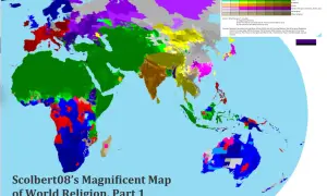 Mapa świata ukazująca rozmieszczenie religii. Różne kolory reprezentują katolicyzm, protestantyzm, islam, buddyzm i inne religie świata.