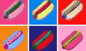 Sześć hot dogów w stylu pop-art. Co to pop? To pytanie zadaje sobie każdy, kto zobaczy te kolorowe, apetyczne przekąski.
