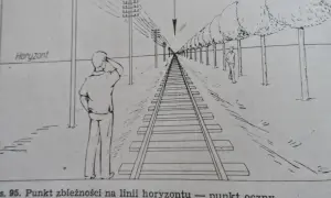 Linia kolejowa biegnąca w dal, z drzewami po jednej stronie i słupami telegraficznymi po drugiej. Człowiek stoi przy torach, patrząc w kierunku znikającego punktu, co podkreśla perspektywę.