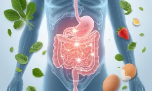 Układ trawienny człowieka z liśćmi, truskawką i jajkami. Ilustracja sugeruje zdrową dietę, np. przy SIBO.