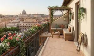 Splendide soluzioni idee veranda balcone con vista su Roma. Arredi in legno, fiori colorati e pergolato creano un'oasi urbana.