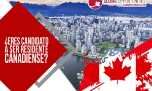 ¿Sueñas con trabajar en Canadá? Imagen de Vancouver con la bandera canadiense y texto sobre inmigración.