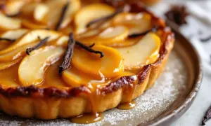 Tarte Tatin aux poires caramélisées, nappée d'une sauce onctueuse et décorée de gousses de vanille. Un délice visuel et gustatif.