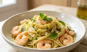 Un plat de spaghetti aux crevettes, garni de menthe fraîche et de zeste de citron, prêt à être dégusté.