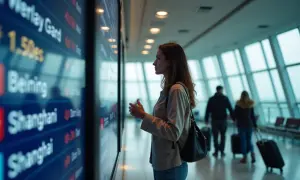 Kobieta sprawdza tablicę odlotów, szukając informacji, ile leci samolot z Chin do Polski.