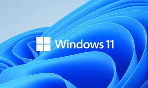 Logo Windows 11 na tle falujących, niebieskich wstęg. Gotowy do instalacji.