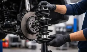 Mains gantées ajustant un amortisseur de voiture avec ressort hélicoïdal. Savoir quand changer amortisseur est crucial pour la sécurité.