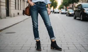 Czarne botki na niskim obcasie świetnie pasują do jeansów z podwiniętymi nogawkami. Idealne pytanie: jakie buty do kulotów?