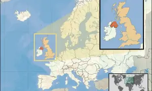 Mapa Europy z zaznaczonym UK i Irlandią. Północna Irlandia, część UK, jest wyróżniona.