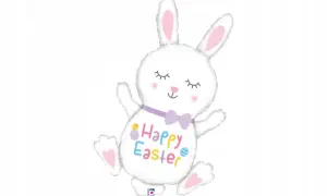 Biały balon króliczek z fioletową kokardką i napisem "Happy Easter".
