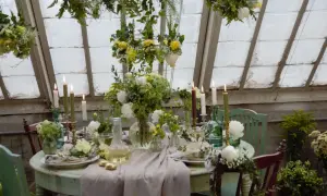 Vacker blomsterdekoration på bordet med ljus och grönska. En inbjudande dukning i ett växthus.