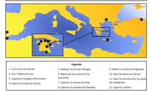 Carte illustrant les 12 travaux d'Hercule, avec des points numérotés sur la Grèce et la Méditerranée.