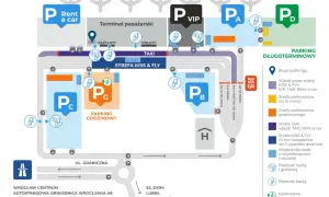 Mapa lotniska Wrocław: parkingi VIP, godzinowy, długoterminowy, Kiss & Fly. Sprawdź cennik i lokalizację.