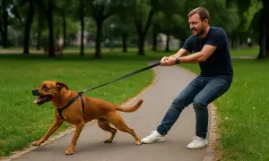 Un hombre lucha por controlar a su perro marrón que tira de la correa en un parque. El perro parece emocionado, mientras el hombre se esfuerza.