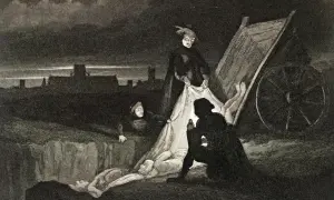 Mörka scener av död och förtvivlan. En vagn lastas med lik, en påminnelse om hur många dog av pesten.